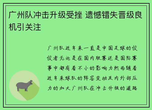 广州队冲击升级受挫 遗憾错失晋级良机引关注 广州队冲击升级受挫 遗憾错失晋级良机引关注